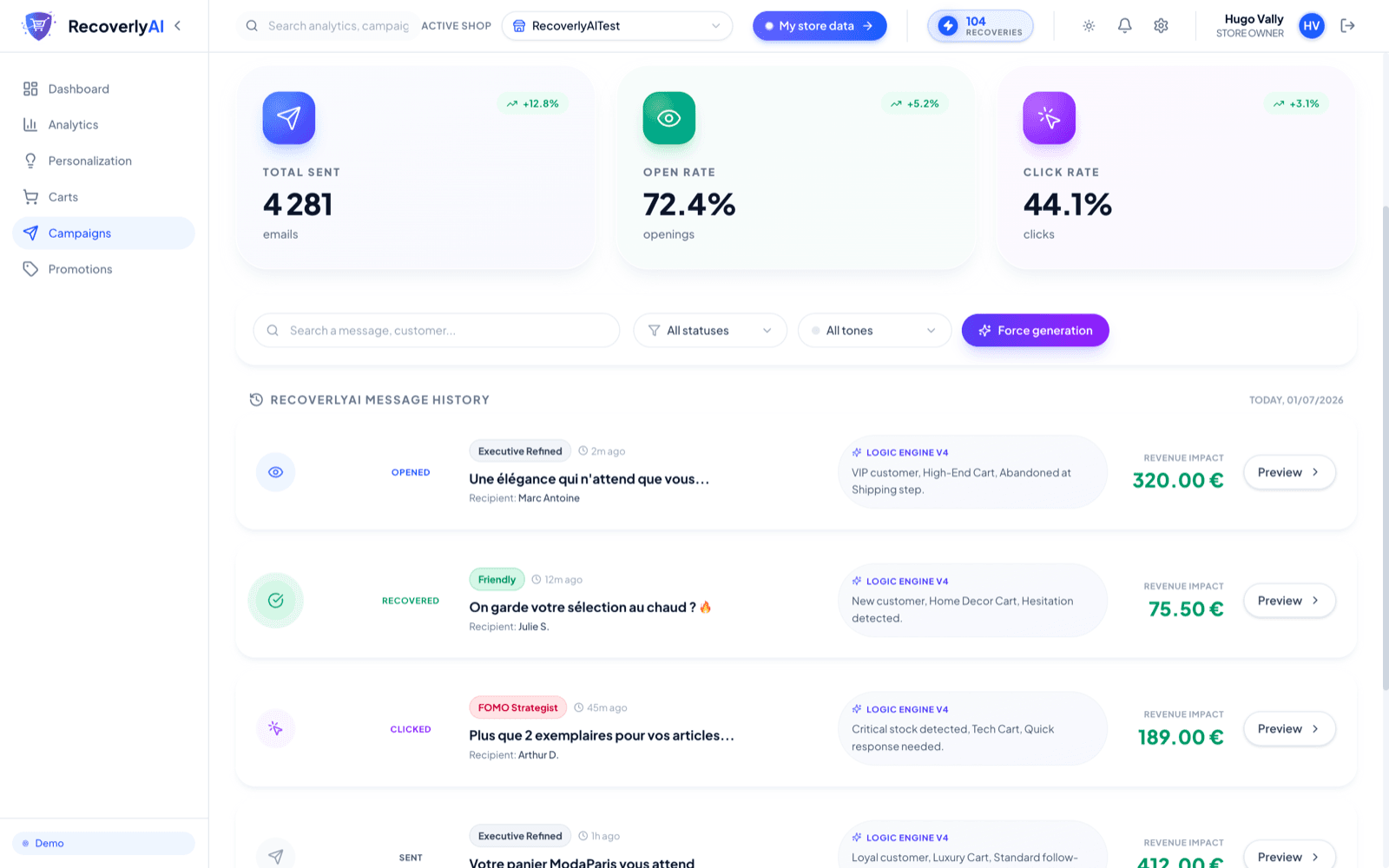Breyvio campaigns page · AI message history and revenue impact